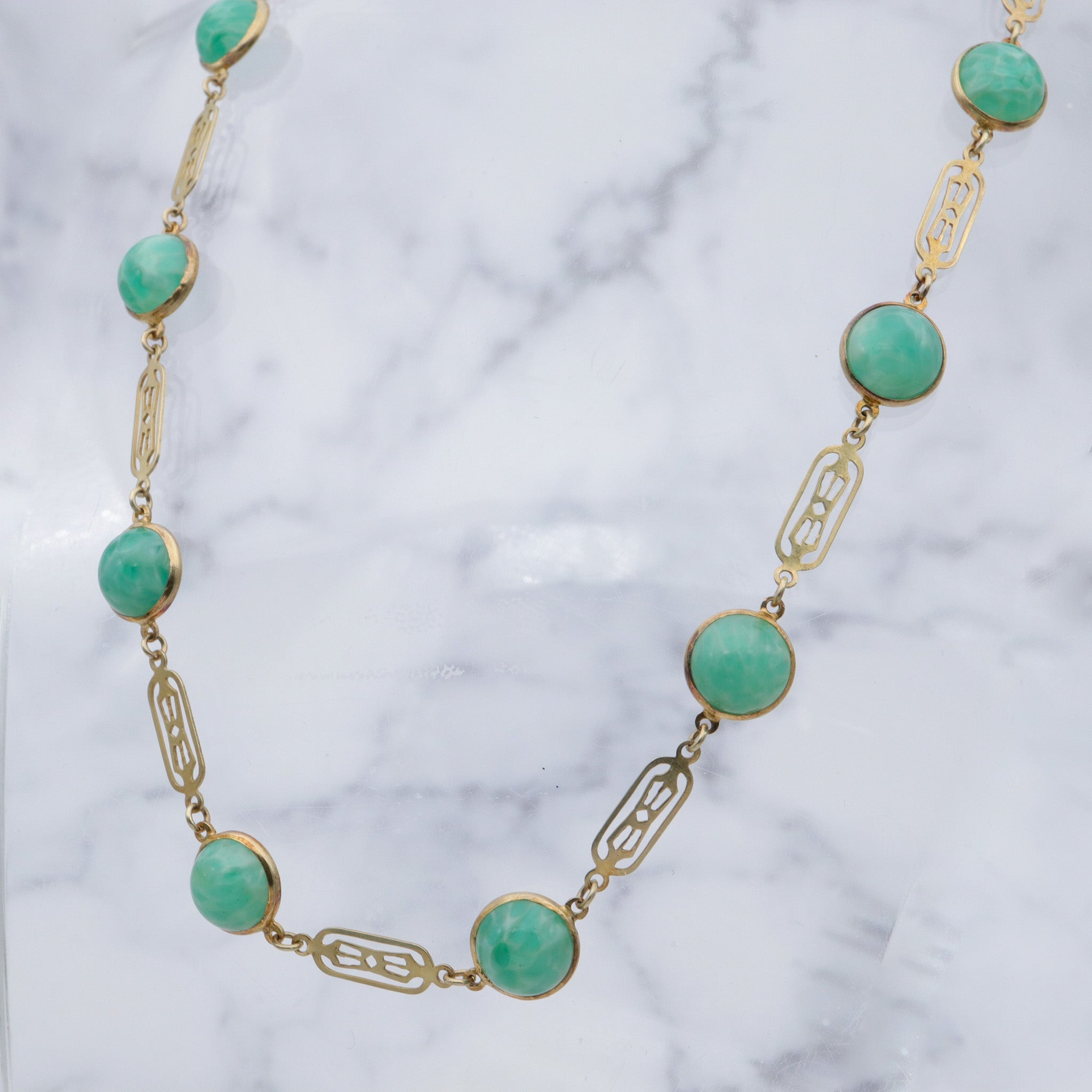 Antique art deco Chinese vermeil sterling tile link & peking glass cabochons necklace - 15"
